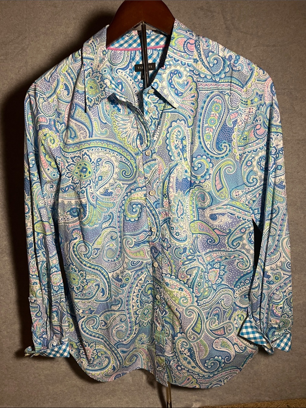Talbots Blue Paisley Button-Down Shirt with Green & Pink Accents